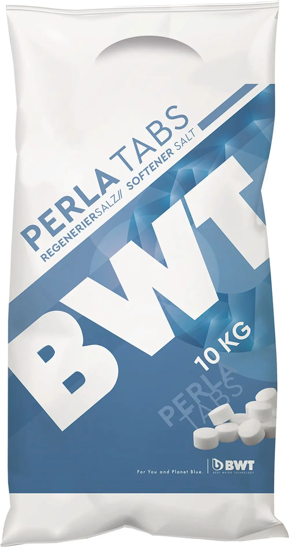 Tüte mit BWT Regeneriersalz in Form von weißen Tabletten, 10 kg, zur Nutzung in Wasserenthärtungsanlagen. Verpackung mit blauem und weißem Design.